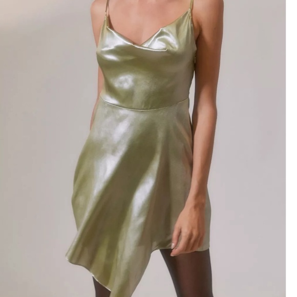 Urban Outfitters Dresses & Skirts - Urban Outfitters "Mallory" Asymmetric Slip Dress - Metallic Lime Green Size S